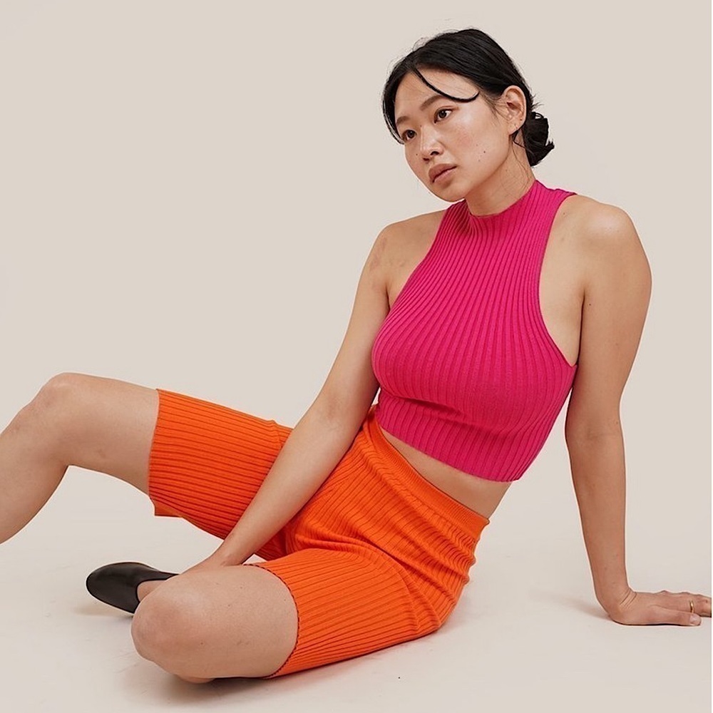 GIU GIU 90s Glitter Rib Knit Slim High Neck Sleeveless Cropped‎ Nonna Tank Top L